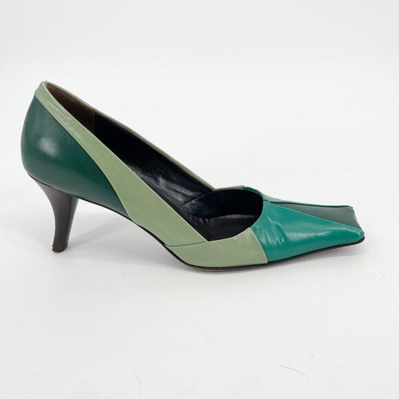 Vintage Prada Green Tricolor Colorblock Leather Square Toe Mid Heel Pumps 38.5 - Picture 2 of 11